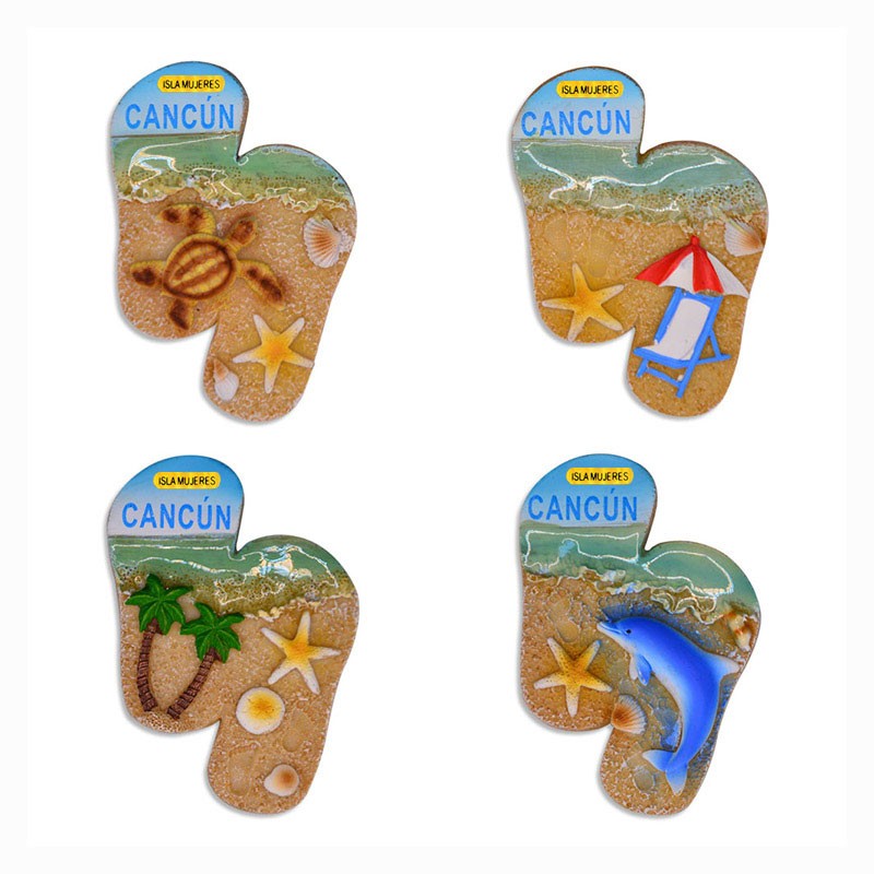 4 magnetos de resina en forma de chancla con ilustraciones de playa