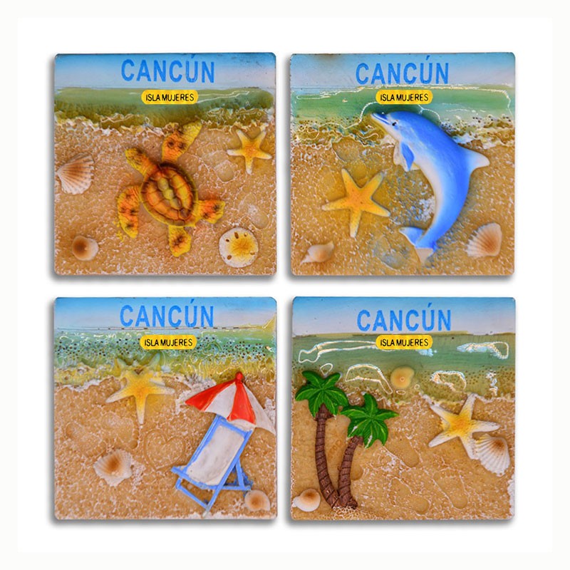 4 magnetos de resina cuadrados con ilustraciones de playa