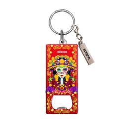 Llavero destapador de metal con una catrina. Souvenir de Ixtapa, México.