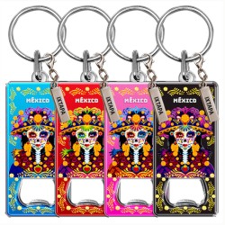 Llavero destapador de metal con una catrina. Souvenir de Ixtapa, México.