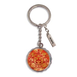 Llavero corcholata de metal calendario Azteca, Souvenir de Ixtapa, México.