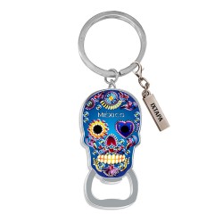 Llavero destapador de metal en forma de calavera. Souvenir de Ixtapa, México.