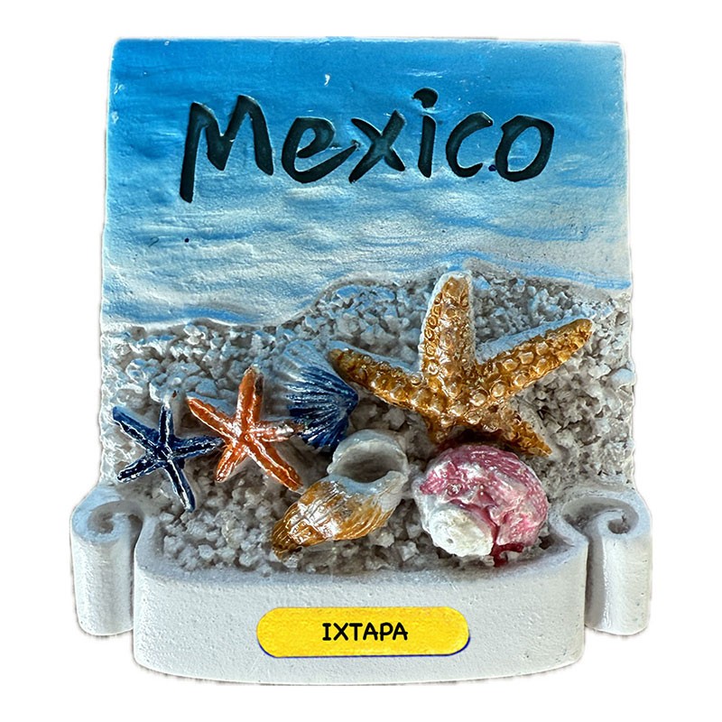 Magneto de resina con unas conchas. Souvenir de Ixtapa, México