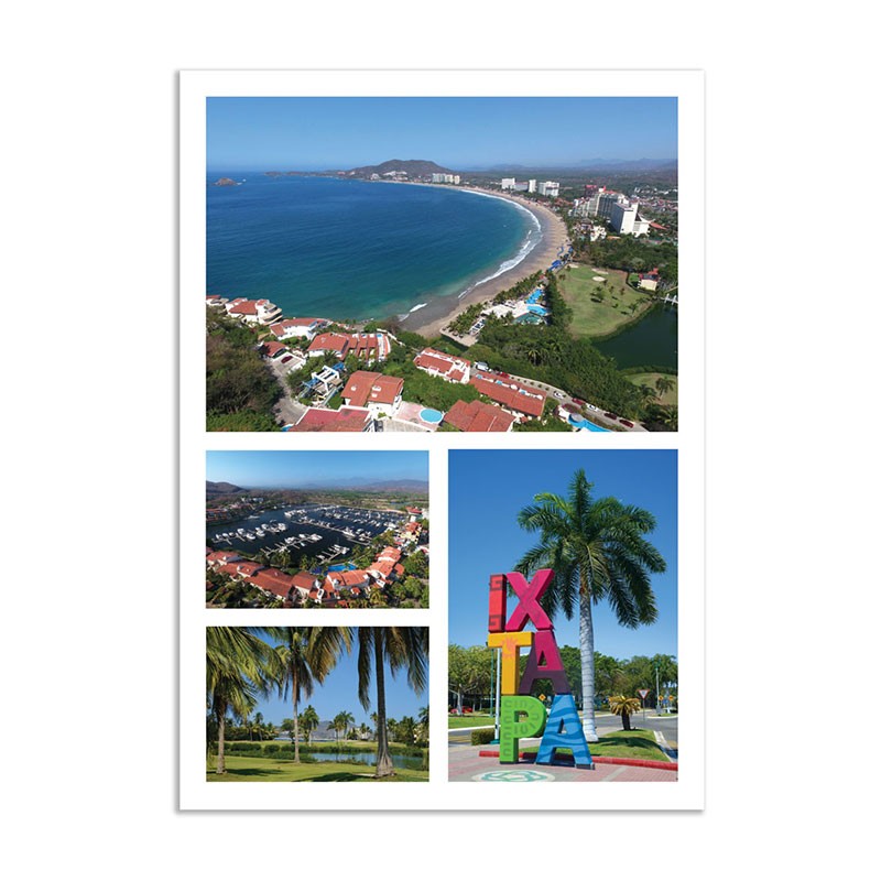 Tarjeta postal con varias vistas de Ixtapa, souvenir y recuerdo de México