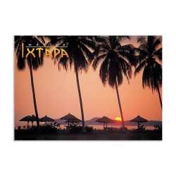 Tarjeta postal de una puesta de sol en la playa de Ixtapa, souvenir y recuerdo de México