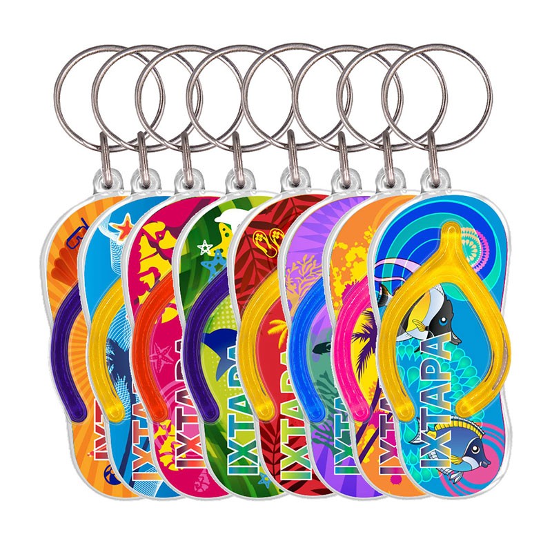 Llavero de acrílico en forma de chancla. Disponible en 8 motivos y colores diferentes. Souvenir de Ixtapa, México
