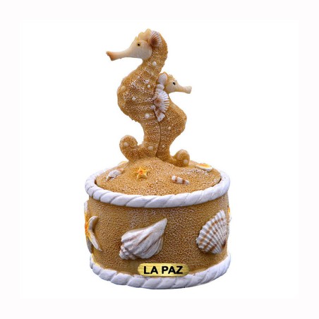 Alhajero de resina con caballito de mar en La Paz, México