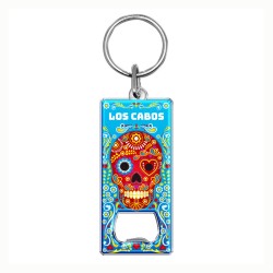 Llavero destapador de metal con calavera. Souvenir de Los Cabos, México