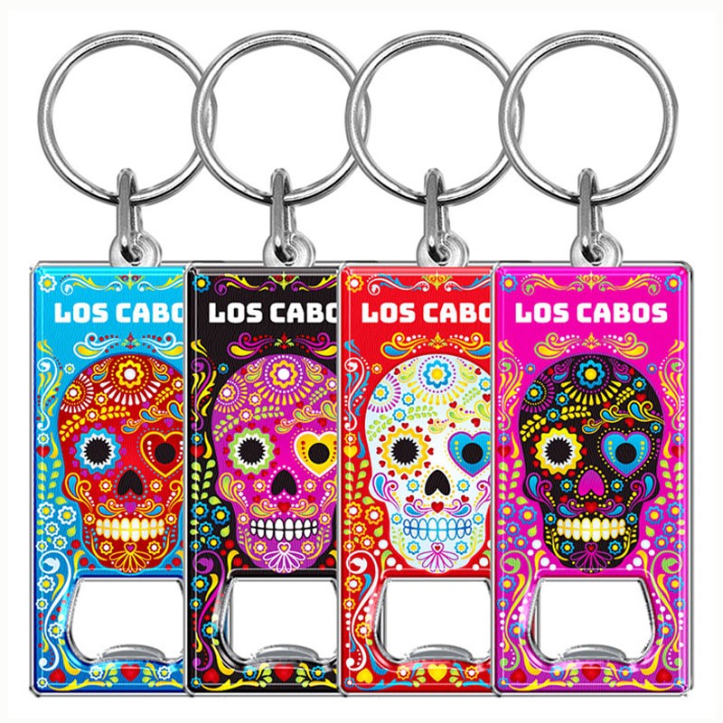Llavero destapador de metal con calavera. Souvenir de Los Cabos, México