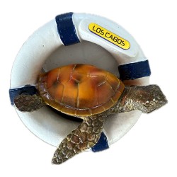 Magneto de resina tortuga con salvavida. Souvenir de Los Cabos, México