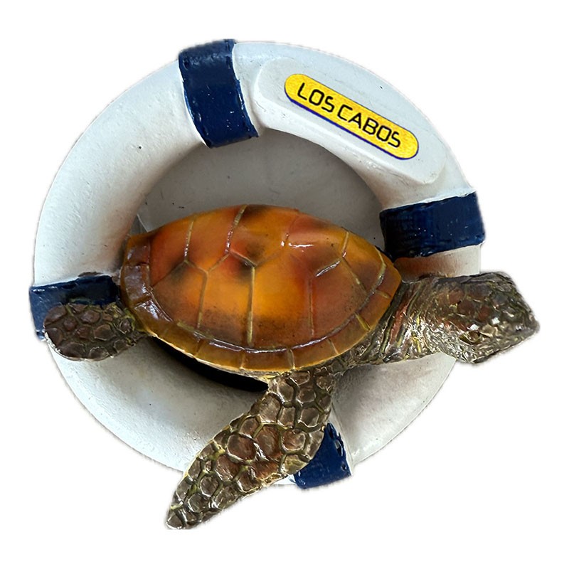 Magneto de resina tortuga con salvavida. Souvenir de Los Cabos, México
