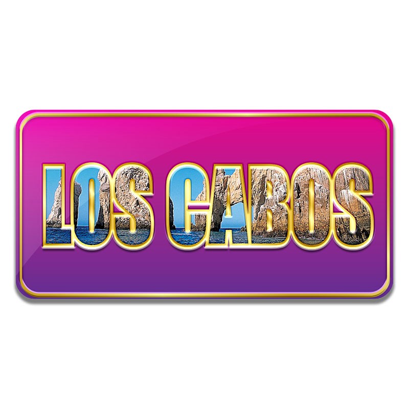 Iman en relieve "Los Cabos" fondo rosa. Souvenir y recuerdo de Los Cabos.