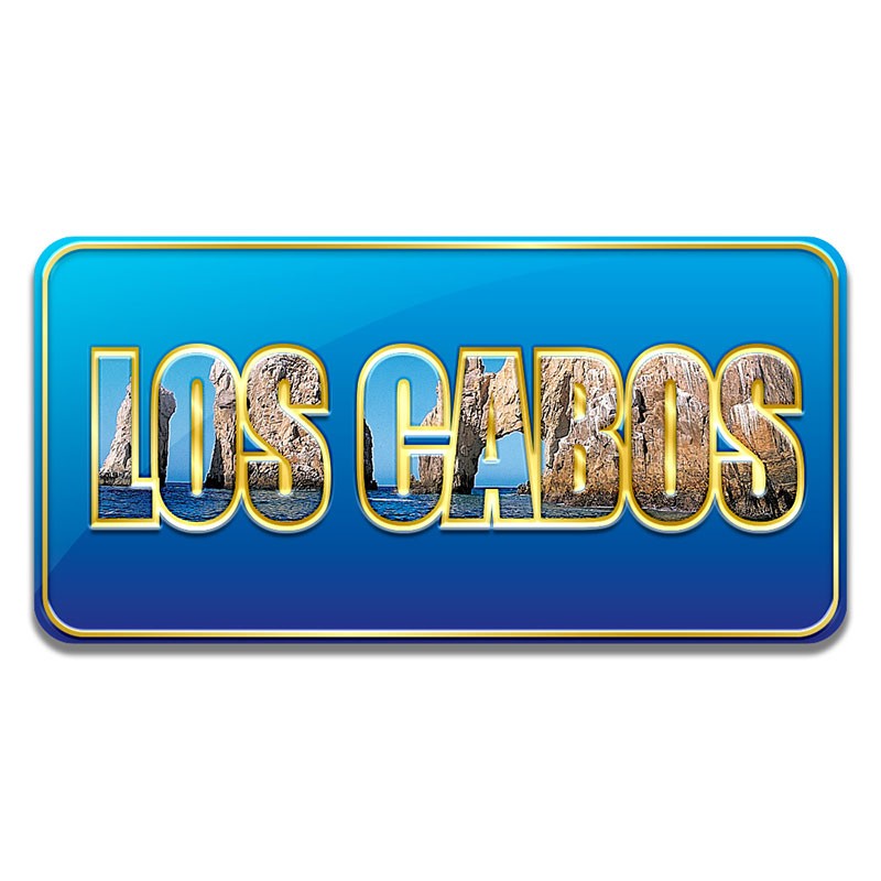 Iman en relieve "Los Cabos" fondo azul. Souvenir y recuerdo de Los Cabos.