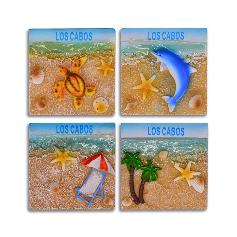 4 magnetos de resina cuadrados con ilustraciones de playa