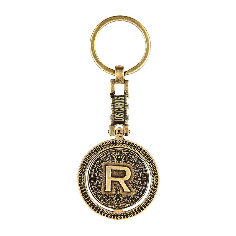 Llavero de latón letra R con Calendario Azteca, souvenir o regalo de Los Cabos México