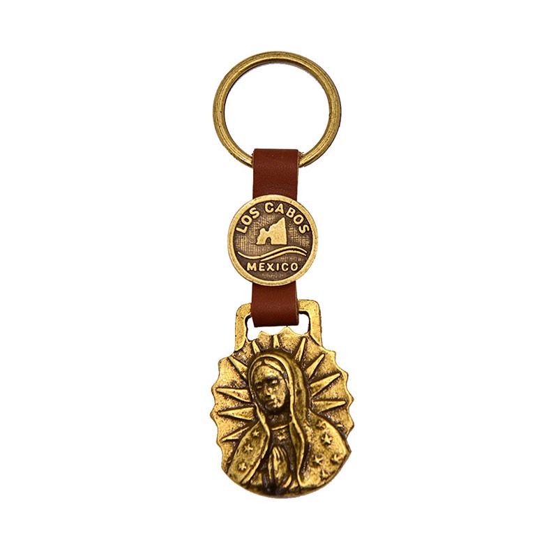 Llavero de latón con la ilustración de la Virgen de Guadalupe. Souvenir de Los Cabos, México