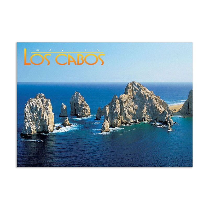 Tarjeta postal con vista aerea del Arco de Cabo San Lucas, souvenir y recuerdo de Los Cabos, México