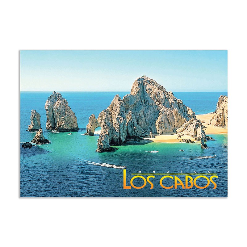Tarjeta postal con vista aerea del Arco de Cabo San Lucas, souvenir y recuerdo de Los Cabos, México