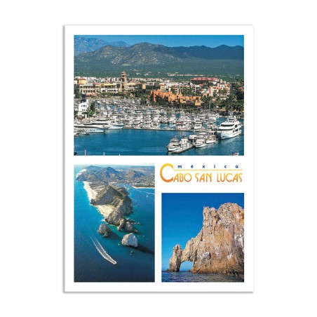 Tarjeta postal con varias vistas de Cabo San Lucas, souvenir y recuerdo de Los Cabos, México