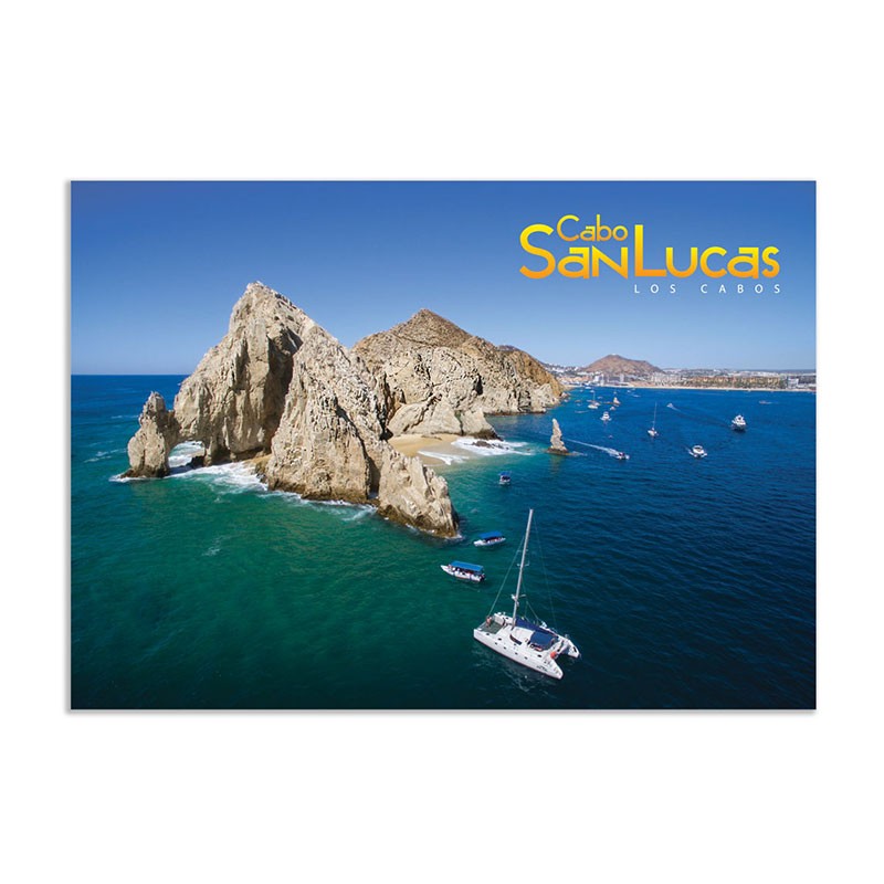 Tarjeta postal con vista aerea del Arco de Cabo San Lucas, souvenir y recuerdo de Los Cabos, México