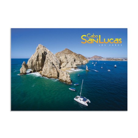 Tarjeta postal con vista aerea del Arco de Cabo San Lucas, souvenir y recuerdo de Los Cabos, México