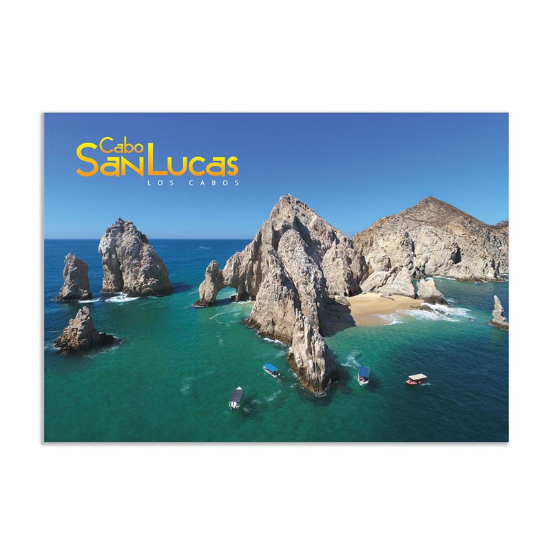 Tarjeta postal con vista aerea del Arco de Cabo San Lucas, souvenir y recuerdo de Los Cabos, México