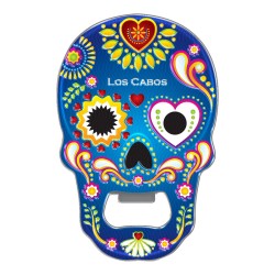 Magneto destapador de metal con calavera. Souvenir de Los Cabos, México