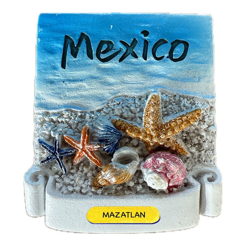 Magneto de resina con unas conchas. Souvenir de Mazatlan, México