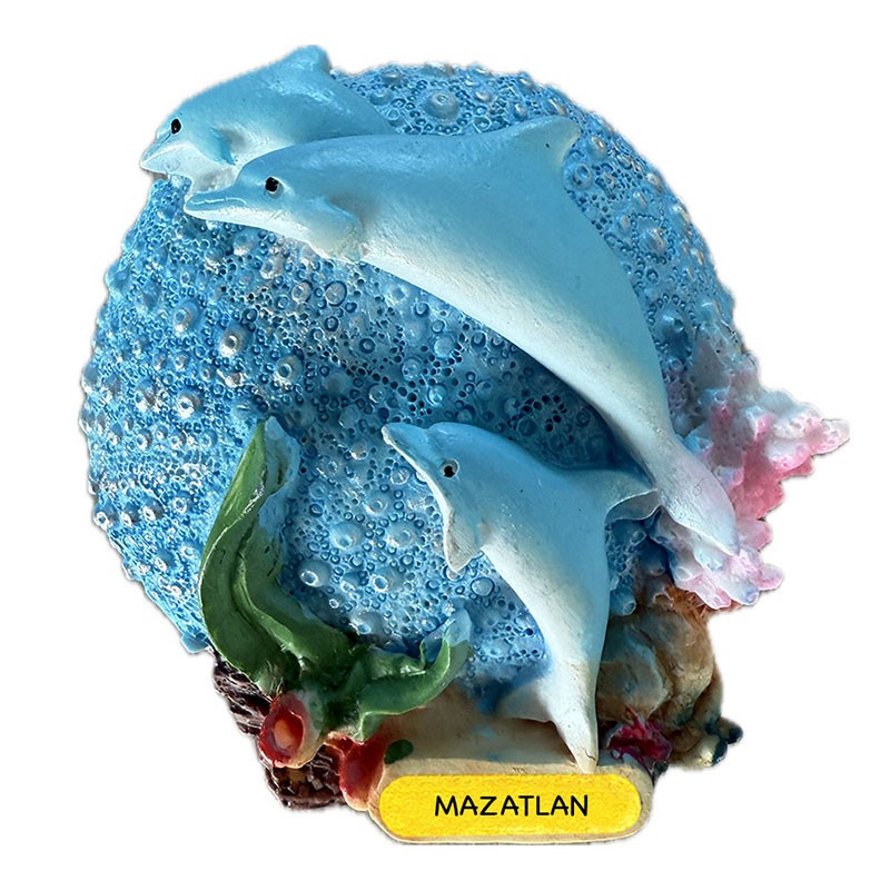 Magneto de resina con unos delfines y una concha. Souvenir de Mazatlan, México