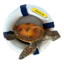 Magneto de resina tortuga con salvavida. Souvenir de Mazatlan, México