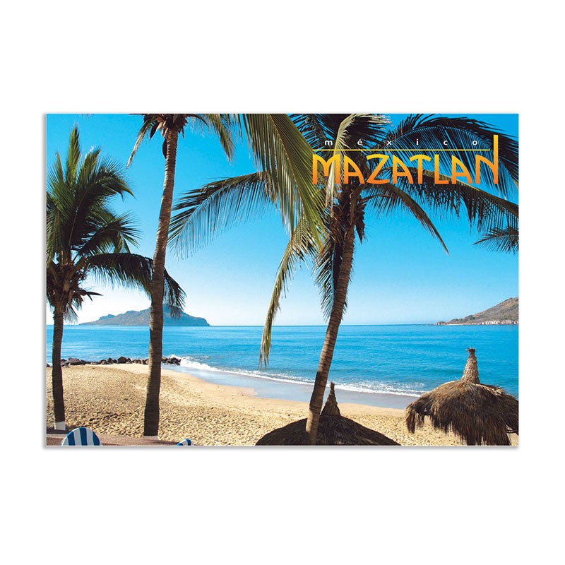 Tarjeta postal de una playa típica de Mazatlan, souvenir y recuerdo de  México