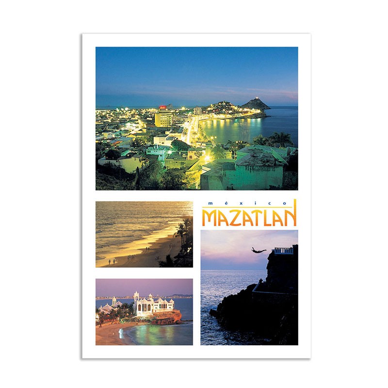 Tarjeta postal con varias vistas de Mazatlan al atardecer, souvenir y recuerdo de México