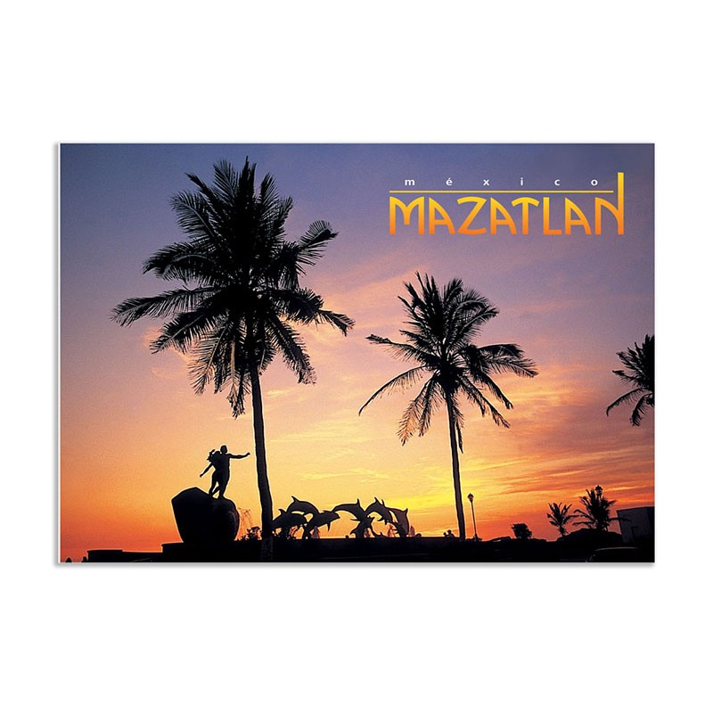 Tarjeta postal de una puesta de sol en el Malecon, souvenir y recuerdo de Mazatlan, México