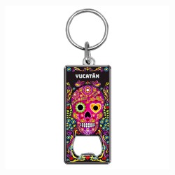 Llavero destapador de metal con calavera. Souvenir de Merida, Yucatan, Mexico