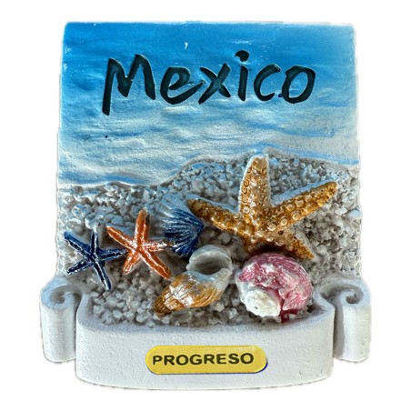 Magneto de resina con unas conchas. Souvenir de Yucatan, México