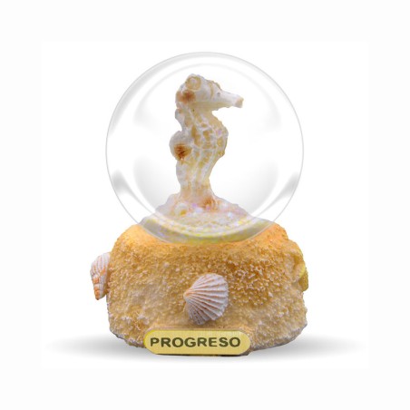 Esfera de resina en una concha con un caballito de mar. Yucatan,Mexico