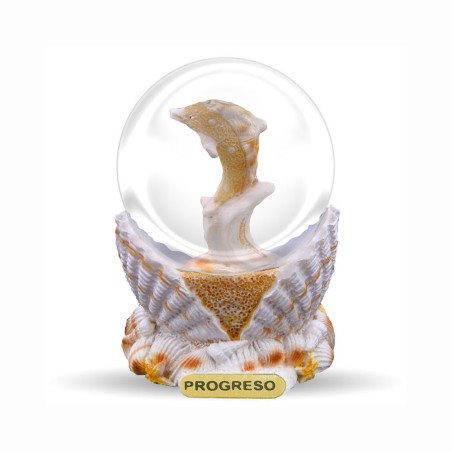 Esfera de resina en una concha con delfín. Yucatan, Mexico.