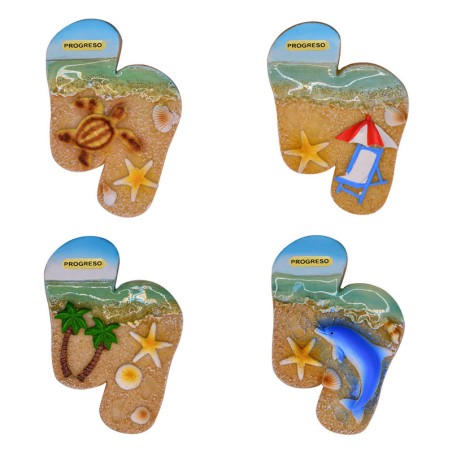 Magnetos de resina chancla con ilustraciones de playa. Yucatan, Mexico