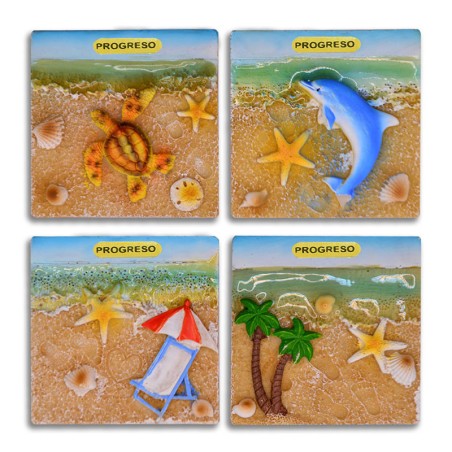 4 magnetos de resina con ilustraciones de playa. Yucatan, Mexico.