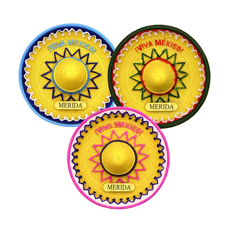 Magneto de resina en forma de un sombrero de paja. Souvenir, recuerdo de Merida, Mexico