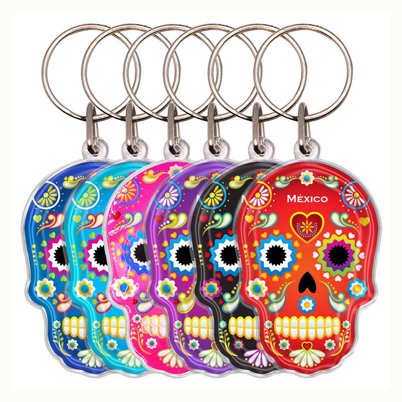 Llavero de acrílico en forma de calavera, típico de la tradición del día de muertos en México. Souvenir de la Ciudad de México,