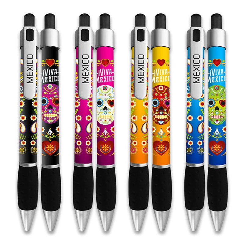 Pluma con la ilustración de una calavera, típica de la tradición del día de Muertos en México. Souvenir y recuerdo de la Ciudad