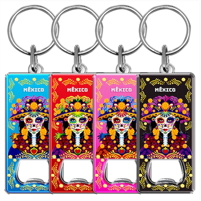 Llavero destapador de metal con catrina. Souvenir de la Ciudad de México, CDMX., México
