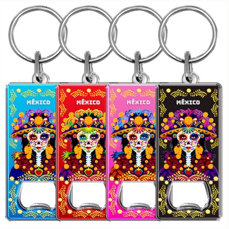 Llavero destapador de metal con catrina. Souvenir de la Ciudad de México, CDMX., México