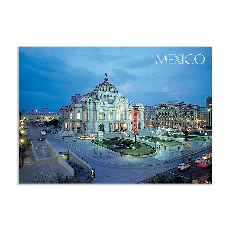 Tarjeta postal con vista del Palacio de Bellas Artes de noche, souvenir y recuerdo de la Ciudad de México, CDMX.