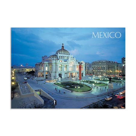 Tarjeta postal con vista del Palacio de Bellas Artes de noche, souvenir y recuerdo de la Ciudad de México, CDMX.