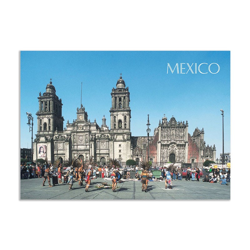 Tarjeta postal con la Catedral y unos Danzantes, souvenir y recuerdo de la Ciudad de México, CDMX.