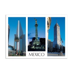 Tarjeta postal con la torre Latino,  el Angel y la Bolsa de valores, souvenir y recuerdo de la Ciudad de México, CDMX.