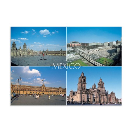 Tarjeta postal con varias vistas del zocalo, souvenir y recuerdo de la Ciudad de México, CDMX.