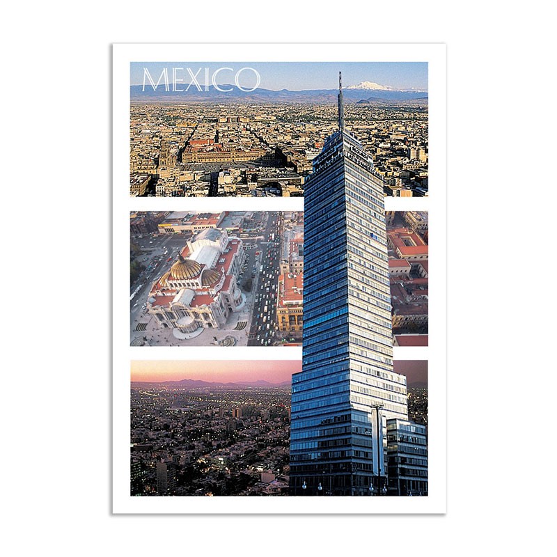 Tarjeta postal con 3 vistas desde la Torre Latino, souvenir y recuerdo de la Ciudad de México, CDMX.